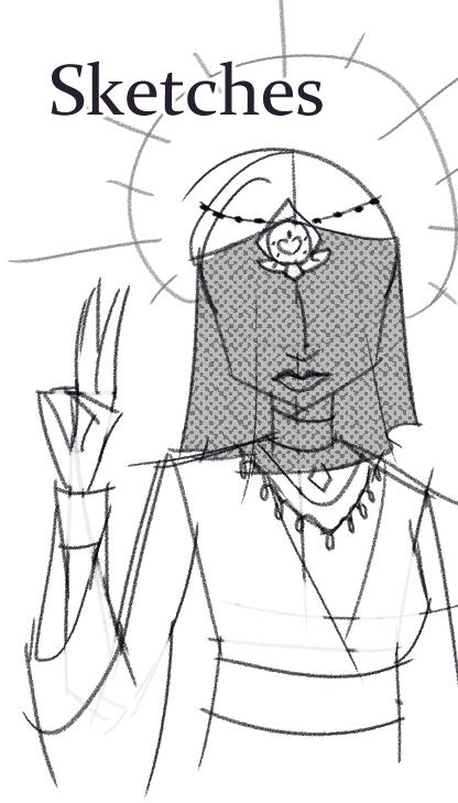 The sample image for 'Sketches'. The image depicts a black-and-white sketch of a woman with a veil over her face. She is holding up her pointer and middle finger in a sign of mercy.